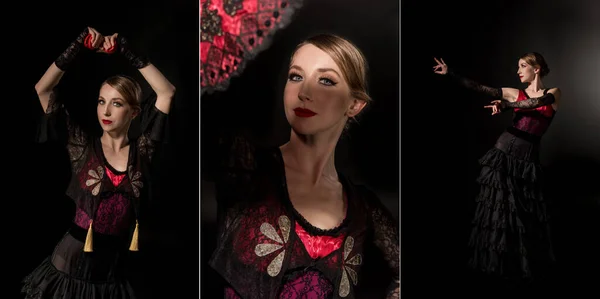 Collage Graziose Ballerine Flamenco Che Reggono Nacchere Ventagli Mentre Ballano — Foto Stock