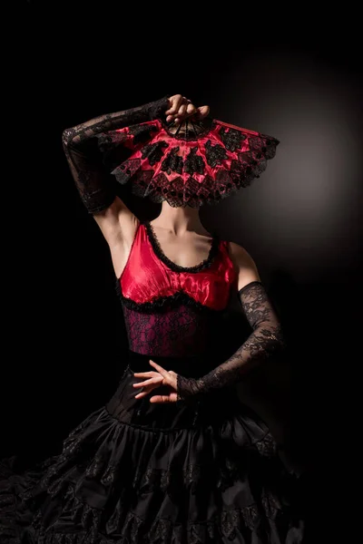 Cara Joven Bailarina Flamenca Con Abanico Negro — Foto de Stock