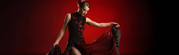 Panoramic Concept Young Pretty Woman Touching Dress While Dancing Flamenco — Stock Photo, Image