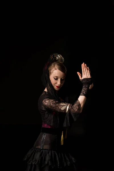 Beautiful Young Dancer Praying Hands Dancing Flamenco Isolated Black — Stock Photo, Image