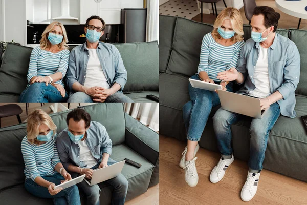 Kolase Pasangan Dewasa Bertopeng Medis Menggunakan Perangkat Digital Sofa Rumah — Stok Foto