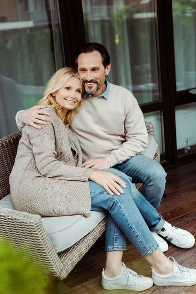 Selective Focus Handsome Mature Man Embracing Smiling Wife Terrace — Stock Photo, Image