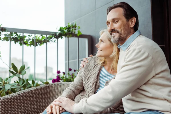Mature Man Hugging Beautiful Smiling Wife Sofa Terrace — Stock Photo, Image