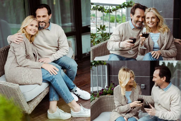 Collage Smiling Mature Couple Drinking Wine Wicker Sofa Terrace — Stock Photo, Image