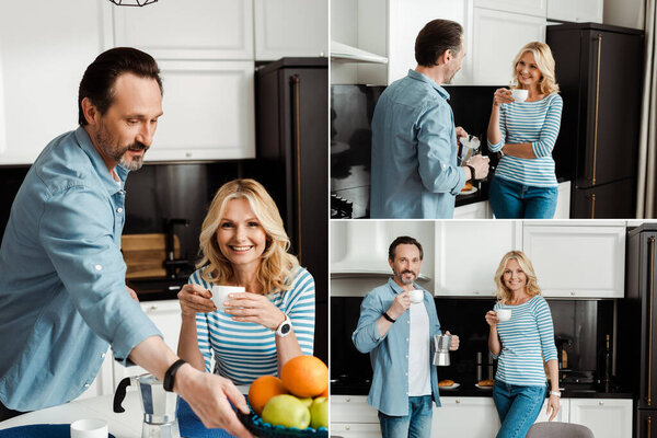 Collage of smiling mature couple drinking coffee in kitchen 