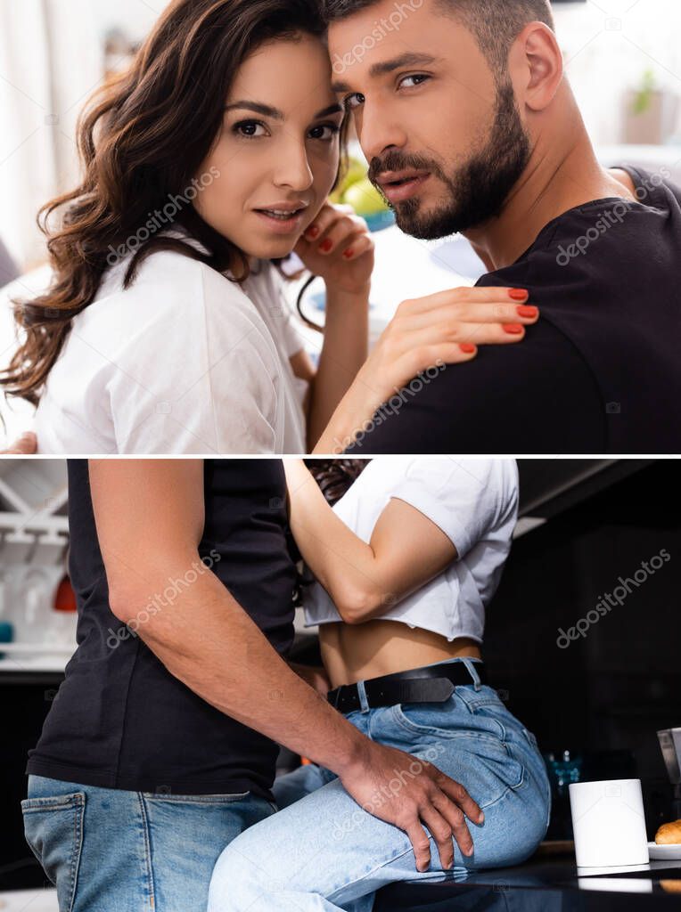 collage of couple looking at camera and man touching girl sitting on table in kitchen 