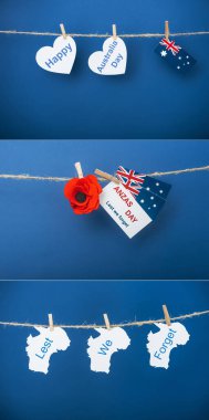 collage of ropes, clothespins and card with anzas day lettering near artificial flower, flags of australia and heart-shaped papers on blue  clipart