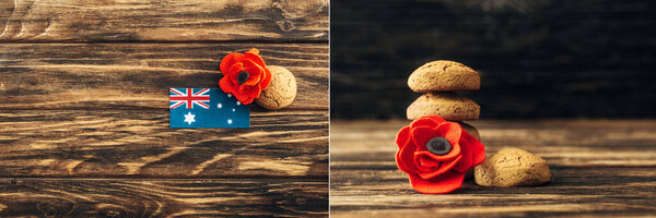 collage of australian flag near artificial flowers and cookies on wooden surface 
