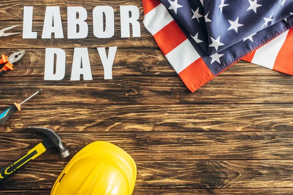 Top View American Flag Instruments Safety Helmet Labor Day Lettering — Stock Photo, Image