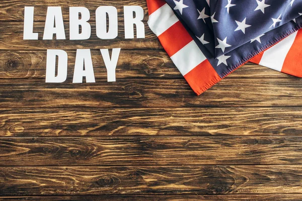 Top View American Flag Labor Day Lettering Wooden Surface — Stock Photo, Image