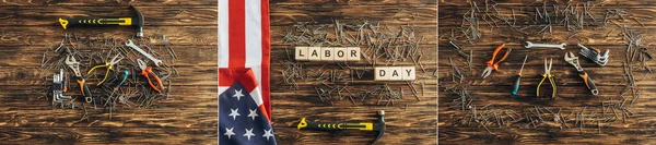 木の表面に労働日の文字でキューブの近くのイントネーション アメリカ国旗 金属釘のトップビューのコラージュ — ストック写真