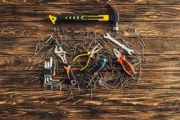 Top View Tools Metallic Nails Wooden Surface Labor Day Concept — Stock Photo, Image