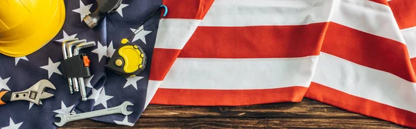 Panoramic Crop Instruments Safety Helmet American Flag Labor Day Concept — Stock Photo, Image