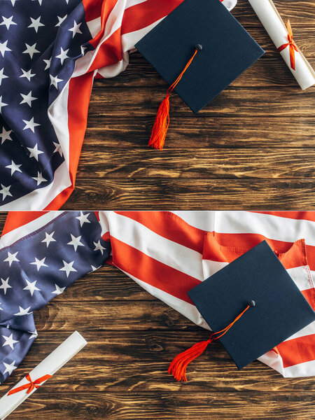 collage of diploma and graduation caps near american flags with stars and stripes on wooden surface 