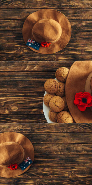 collage of artificial flowers, felt hats and australian flags on wooden surface, anzac day concept 