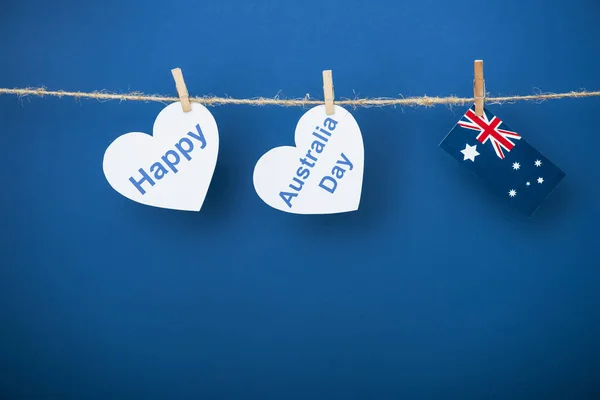 Rope Clothespins Heart Shaped Papers Happy Australia Day Lettering Flag — Stock Photo, Image