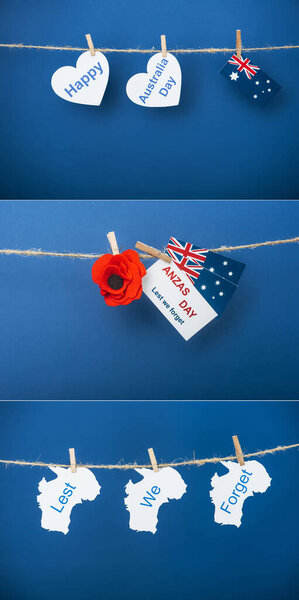 collage of ropes, clothespins and card with anzas day lettering near artificial flower, flags of australia and heart-shaped papers on blue 