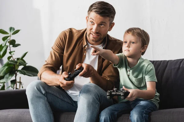 Kyiv Ukraine June 2020 Adorable Boy Pointing Finger While Playing — Stock Photo, Image