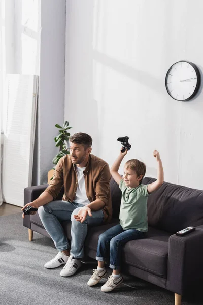 Kyiv Ukraine June 2020 Happy Boy Holding Joystick Showing Winner — Stock Photo, Image