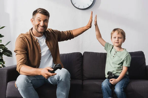 Kyiv Ukraine June 2020 Cheerful Father Son Giving High Five — Stock Photo, Image