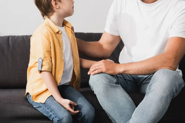 Cropped View Father Touching Adorable Son While Talking Him Home — Stock Photo, Image