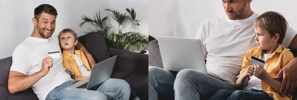collage of father and son sitting on sofa with laptop and credit card, panoramic crop