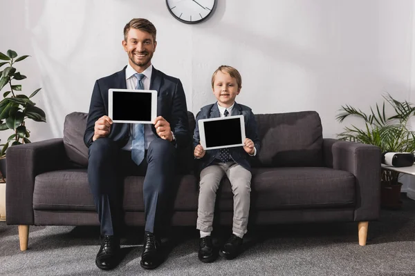 Happy Businessman Son Formal Wear Showing Digital Tablets Blank Screen — Stock Photo, Image