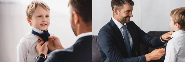 Colagem Homem Negócios Sorridente Desgaste Formal Colocando Gravata Filho Feliz — Fotografia de Stock