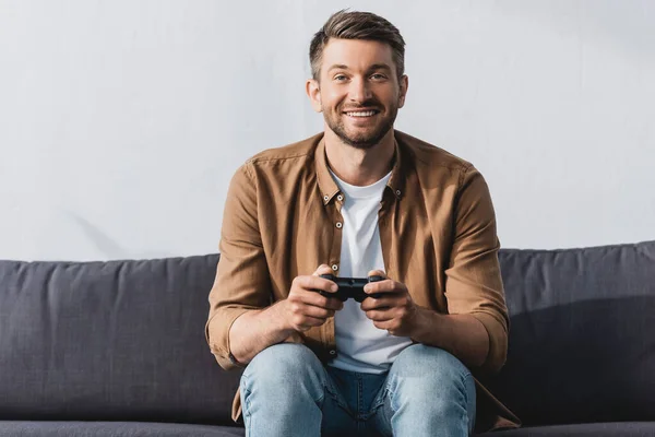 Kyiv Ukraine June 2020 Cheerful Man Playing Video Game While — Stock Photo, Image