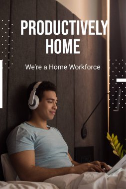 bi-racial man listening music in headphones and using laptop near productively home, were a home workforce lettering  clipart