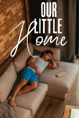 mixed race man sleeping on sofa near book and our little home lettering  clipart