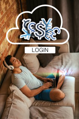 young mixed race man with closed eyes chilling and listening music in headphones near laptop and virtual cloud with money signs and login lettering  clipart