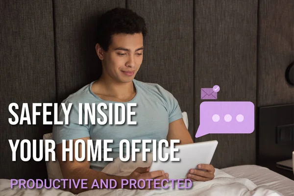 Handsome Mixed Race Man Using Digital Tablet Safely Your Home — Stock Photo, Image