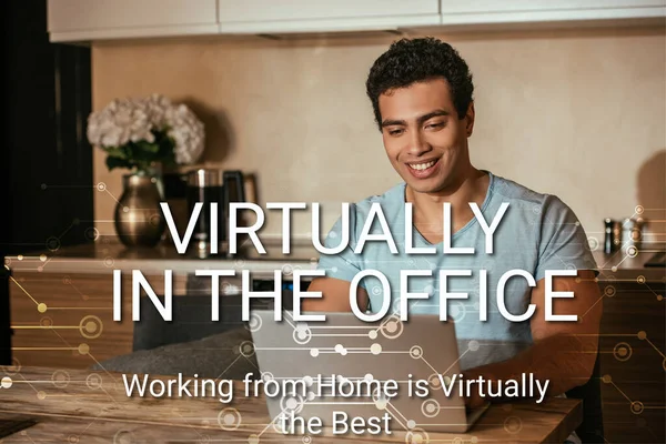 Cheerful Mixed Race Freelancer Using Laptop Virtually Office Working Home — Stock Photo, Image