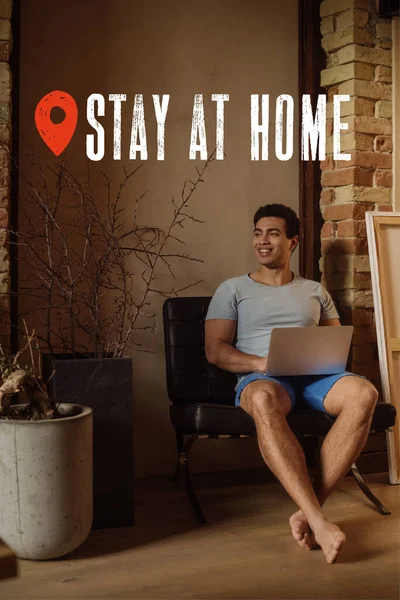 Happy Mixed Race Freelancer Chilling Laptop Stay Home Lettering — Stock Photo, Image
