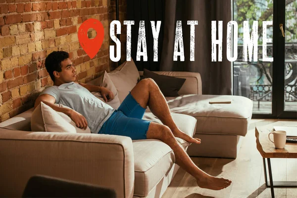 Handsome Mixed Race Man Sitting Sofa Living Room Stay Home — Stock Photo, Image