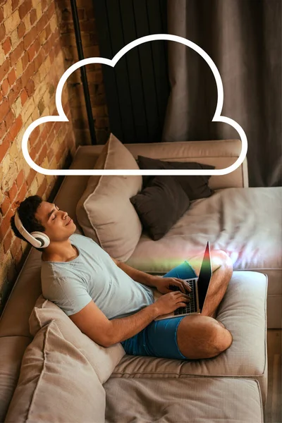 Young Mixed Race Man Closed Eyes Chilling Listening Music Headphones — Stock Photo, Image