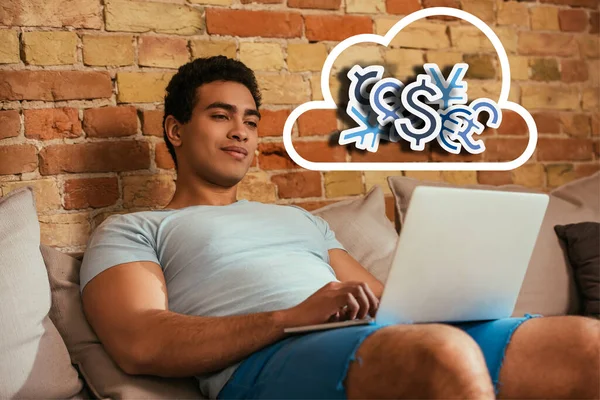 Young Racial Man Chilling Laptop Sofa Cloud Money Signs Illustration — Stock Photo, Image