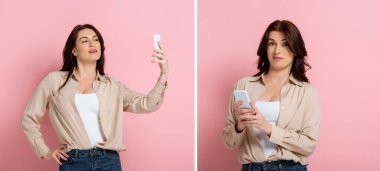 Gülümseyen ve kafası karışmış bir kadının selfie çekmesi ve pembe arka planda akıllı telefon kullanması.