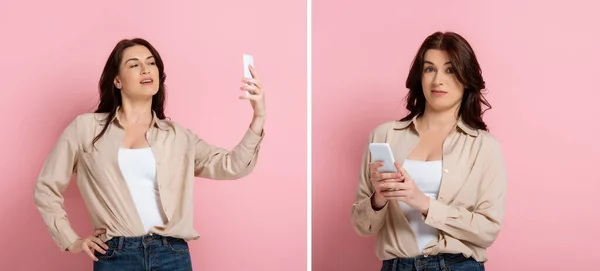 Colagem Mulher Sorrindo Confuso Tomando Selfie Usando Smartphone Fundo Rosa — Fotografia de Stock