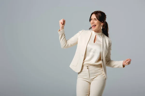 Positive Businesswoman Showing Yeah Gesture Isolated Grey Concept Body Positive — Stock Photo, Image