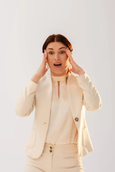 Beautiful Surprised Businesswoman Hands Forehead Looking Away Isolated Grey — Stock Photo, Image