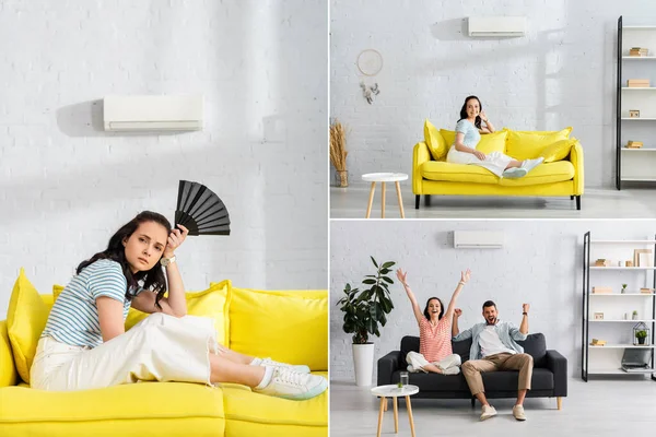 Collage Mujer Joven Sosteniendo Ventilador Alegre Pareja Sentada Sofá Casa —  Fotos de Stock