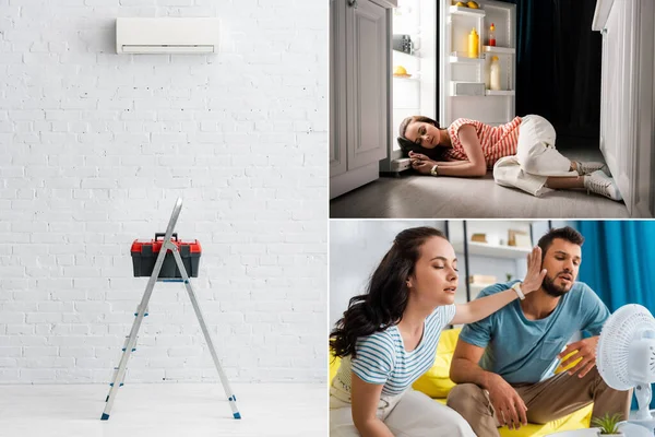 Collage Girl Sleeping Open Fridge Couple Sitting Electric Fan Couch — Stock Photo, Image