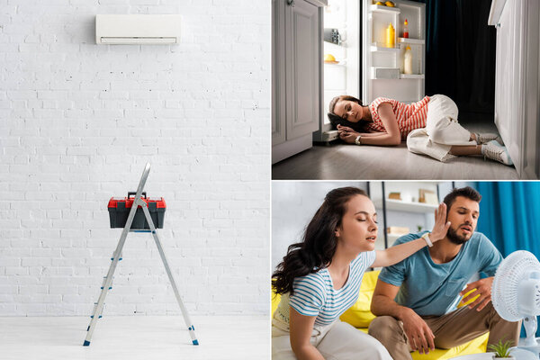 Коллаж девушки, спящей рядом с открытым холодильником, пара, сидящая рядом с электрическим вентилятором на диване и ящик с инструментами на лестнице возле кондиционера на стене
