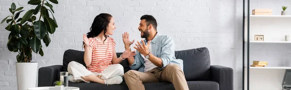Panoramic Crop Cheerful Couple Looking Each Other Couch Home — Stock Photo, Image