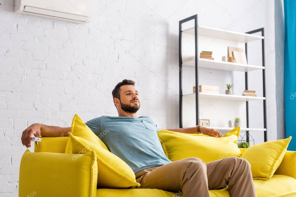 Handsome man holding remote controller of air conditioner on couch 