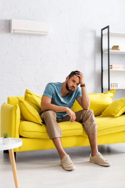 Selective Focus Man Suffering Heat Couch Home — Stock Photo, Image