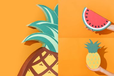 Turuncu üzerine ananas kesen kadın kolajı. 