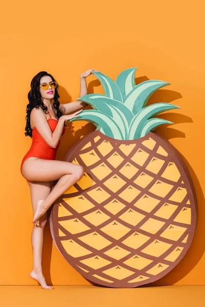 Stylish Barefoot Woman Swimsuit Sunglasses Standing Paper Cut Pineapple Orange — Stock Photo, Image